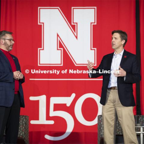 Senator Ben Sasse, right, and Chancellor Ronnie Green took center stage to begin the conversation. The Charter Week event, “Why Don’t We Get Along? How Huskers Can Change the Future: A Student-led Conversation with Senator Ben Sasse”. February 11, 2019. Photo by Craig Chandler / University Communication.