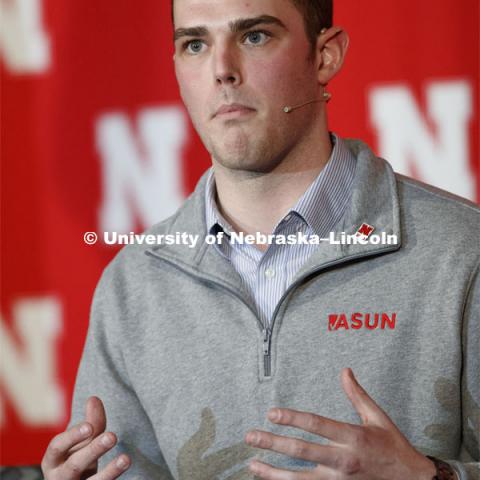 Hunter Traynor, ASUN President, speaks as part of the panel. The Charter Week event, “Why Don’t We Get Along? How Huskers Can Change the Future: A Student-led Conversation with Senator Ben Sasse”. February 11, 2019. Photo by Craig Chandler / University Communication.