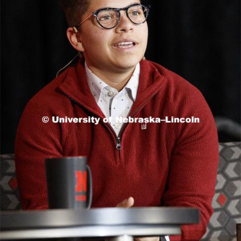 Kamryn Sannicks speaks as part of the panel. The Charter Week event, “Why Don’t We Get Along? How Huskers Can Change the Future: A Student-led Conversation with Senator Ben Sasse”. February 11, 2019. Photo by Craig Chandler / University Communication.