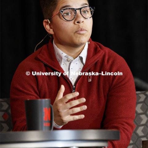 Kamryn Sannicks speaks as part of the panel. The Charter Week event, “Why Don’t We Get Along? How Huskers Can Change the Future: A Student-led Conversation with Senator Ben Sasse”. February 11, 2019. Photo by Craig Chandler / University Communication.