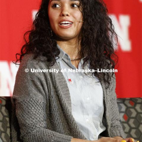 Grace Chambers speaks as part of the panel. The Charter Week event, “Why Don’t We Get Along? How Huskers Can Change the Future: A Student-led Conversation with Senator Ben Sasse”. February 11, 2019. Photo by Craig Chandler / University Communication.