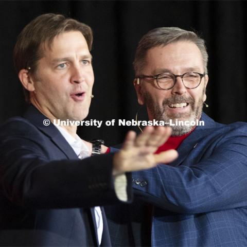 Senator Ben Sasse, left, and Chancellor Ronnie Green share a laugh at the end of the conversation. The Charter Week event, “Why Don’t We Get Along? How Huskers Can Change the Future: A Student-led Conversation with Senator Ben Sasse”. February 11, 2019. Photo by Craig Chandler / University Communication.