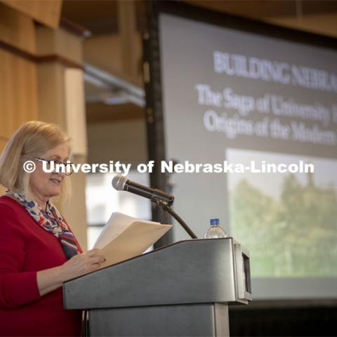 Kay Logan Peters gives a special Nebraska Lecture as part of Charter Week on the University's early architectural history before a crowd of more than 300 people. February 12, 2019. Photo by Craig Chandler/University Communication.