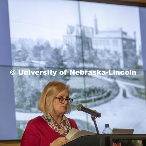 With a background of the university library--now Architecture Hall--Kay Logan Peters gives a special Nebraska Lecture as part of Charter Week on the University's early architectural history before a crowd of more than 300 people. February 12, 2019. Photo by Craig Chandler/University Communication.