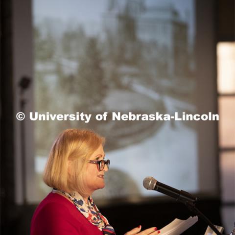 Kay Logan Peters gives a special Nebraska Lecture as part of Charter Week on the University's early architectural history before a crowd of more than 300 people. February 12, 2019. Photo by Craig Chandler/University Communication.