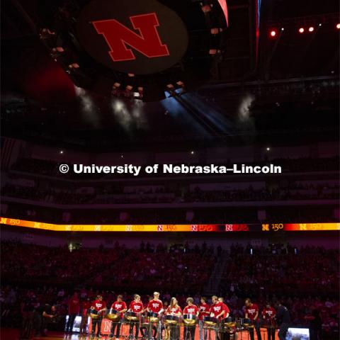Huskers men’s basketball game helped celebrate the university's 150th birthday with a halftime birthday party. The Huskers played against Minnesota. Halftime celebration begins with the steel drums. February 13, 2019. Photo by Isabel Thalken / Husker Athletics.