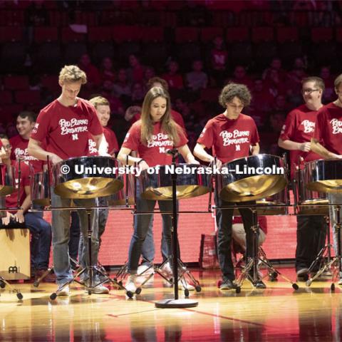 Huskers men’s basketball game helped celebrate the university's 150th birthday with a halftime birthday party. The Huskers played against Minnesota. Halftime celebration begins with the steel drums. February 13, 2019. Photo by Craig Chandler / University Communication.
