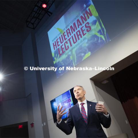 Deputy Secretary of Agriculture Stephen Censky gives his Heuermann Lecture titled: Leading Today for America's Tomorrow. His talk was followed by a question and answer session with Yeutter Institute director Jill O’Donnell. February 14, 2019.  Photo by Craig Chandler / University Communication.