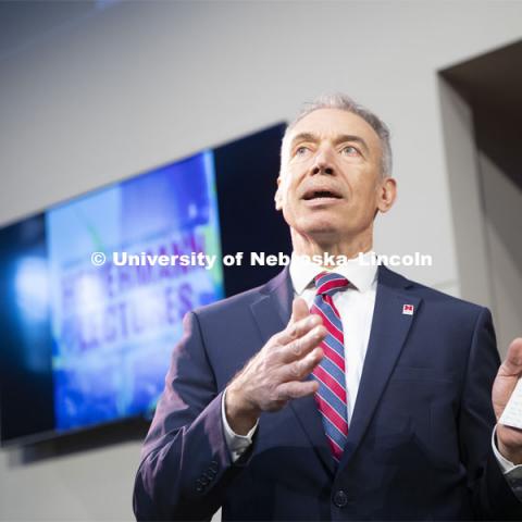 Deputy Secretary of Agriculture Stephen Censky gives his Heuermann Lecture titled: Leading Today for America's Tomorrow. His talk was followed by a question and answer session with Yeutter Institute director Jill O’Donnell. February 14, 2019.  Photo by Craig Chandler / University Communication.