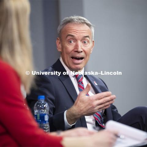 Deputy Secretary of Agriculture Stephen Censky gives his Heuermann Lecture titled: Leading Today for America's Tomorrow. His talk was followed by a question and answer session with Yeutter Institute director Jill O’Donnell. February 14, 2019.  Photo by Craig Chandler / University Communication.