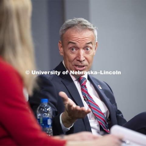 Deputy Secretary of Agriculture Stephen Censky gives his Heuermann Lecture titled: Leading Today for America's Tomorrow. His talk was followed by a question and answer session with Yeutter Institute director Jill O’Donnell. February 14, 2019.  Photo by Craig Chandler / University Communication.