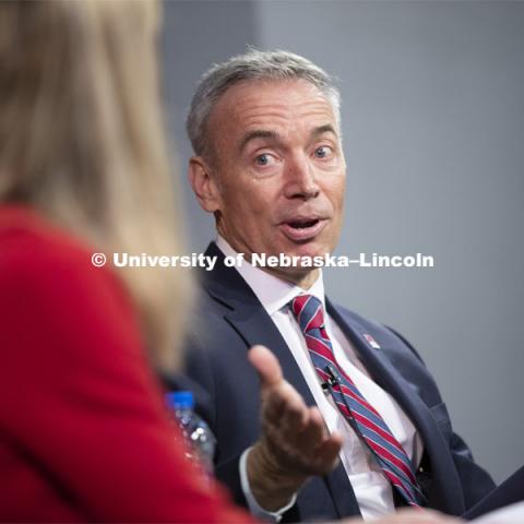 Deputy Secretary of Agriculture Stephen Censky gives his Heuermann Lecture titled: Leading Today for America's Tomorrow. His talk was followed by a question and answer session with Yeutter Institute director Jill O’Donnell. February 14, 2019.  Photo by Craig Chandler / University Communication.