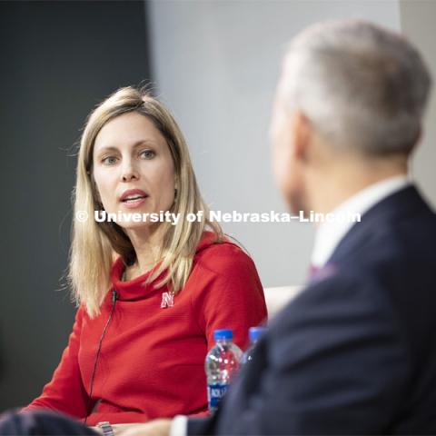 Deputy Secretary of Agriculture Stephen Censky gives his Heuermann Lecture titled: Leading Today for America's Tomorrow. His talk was followed by a question and answer session with Yeutter Institute director Jill O’Donnell. February 14, 2019.  Photo by Craig Chandler / University Communication.