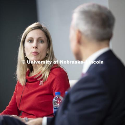 Deputy Secretary of Agriculture Stephen Censky gives his Heuermann Lecture titled: Leading Today for America's Tomorrow. His talk was followed by a question and answer session with Yeutter Institute director Jill O’Donnell. February 14, 2019.  Photo by Craig Chandler / University Communication.