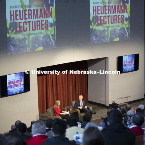 Deputy Secretary of Agriculture Stephen Censky gives his Heuermann Lecture titled: Leading Today for America's Tomorrow. His talk was followed by a question and answer session with Yeutter Institute director Jill O’Donnell. February 14, 2019.  Photo by Craig Chandler / University Communication.