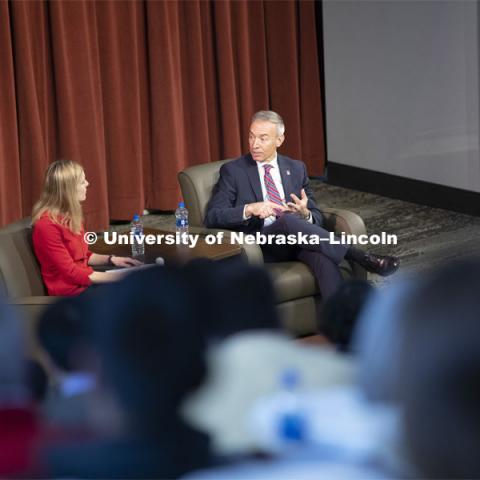 Deputy Secretary of Agriculture Stephen Censky gives his Heuermann Lecture titled: Leading Today for America's Tomorrow. His talk was followed by a question and answer session with Yeutter Institute director Jill O’Donnell. February 14, 2019.  Photo by Craig Chandler / University Communication.