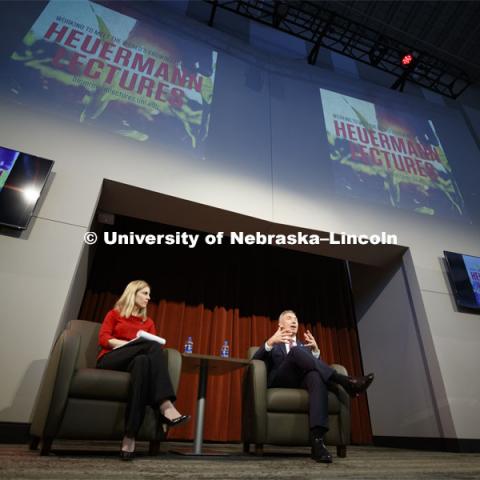 Deputy Secretary of Agriculture Stephen Censky gives his Heuermann Lecture titled: Leading Today for America's Tomorrow. His talk was followed by a question and answer session with Yeutter Institute director Jill O’Donnell. February 14, 2019.  Photo by Craig Chandler / University Communication.