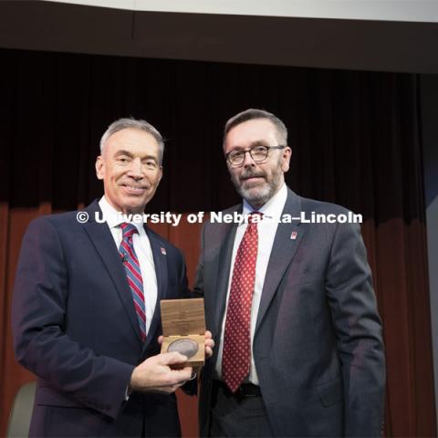 Deputy Secretary of Agriculture Stephen Censky gives his Heuermann Lecture titled: Leading Today for America's Tomorrow. His talk was followed by a question and answer session with Yeutter Institute director Jill O’Donnell. February 14, 2019.  Photo by Craig Chandler / University Communication.