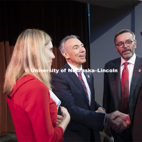 Deputy Secretary of Agriculture Stephen Censky gives his Heuermann Lecture titled: Leading Today for America's Tomorrow. His talk was followed by a question and answer session with Yeutter Institute director Jill O’Donnell. February 14, 2019.  Photo by Craig Chandler / University Communication.