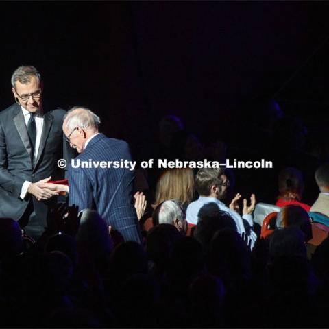 Jeff Zeleny recognizes Ted Kooser in the audience. Charter Day Celebration: Music and Milestones in the Lied Center. Music and Milestones was a part of the N150 Charter Week celebration. February 15, 2019. Photo by Craig Chandler / University Communication.