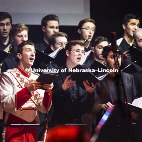University Singers and Chamber Singers perform the world premiere of Welcome, Pioneers accompanied by the UNL Symphony Orchestra. Charter Day Celebration: Music and Milestones in the Lied Center. Music and Milestones was a part of the N150 Charter Week celebration. February 15, 2019. Photo by Craig Chandler / University Communication.
