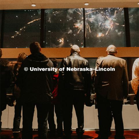 Guests at the Music and Milestones celebration viewed the fireworks display inside the Lied Center at the Charter Day Celebration. Music and Milestones was a part of the N150 Charter Week celebration. February 15, 2019. Photo by Justin Mohling / University Communication.