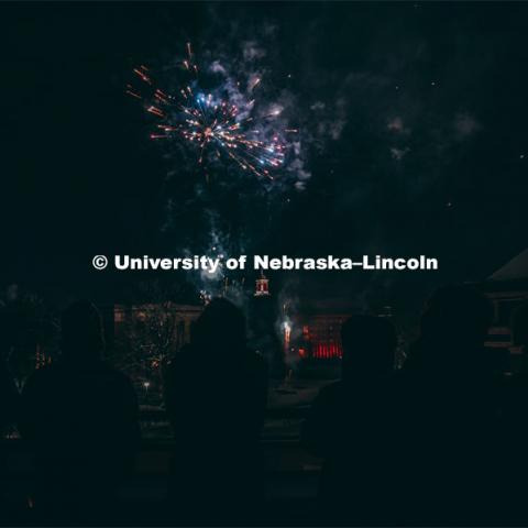 Guests at the Music and Milestones celebration viewed the fireworks display from the Lied Center terrace at the Charter Day Celebration. Music and Milestones was a part of the N150 Charter Week celebration. February 15, 2019. Photo by Justin Mohling / University Communication.