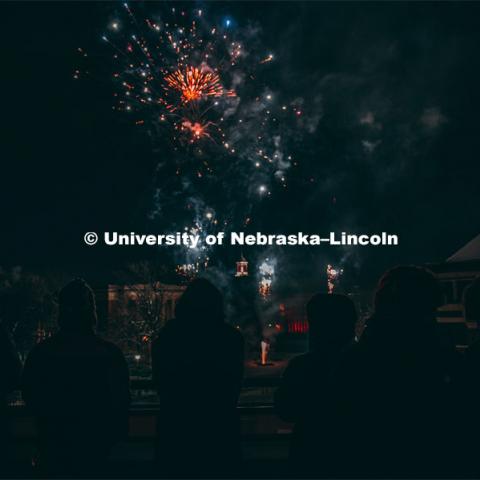 Guests at the Music and Milestones celebration viewed the fireworks display from the Lied Center terrace at the Charter Day Celebration. Music and Milestones was a part of the N150 Charter Week celebration. February 15, 2019. Photo by Justin Mohling / University Communication.