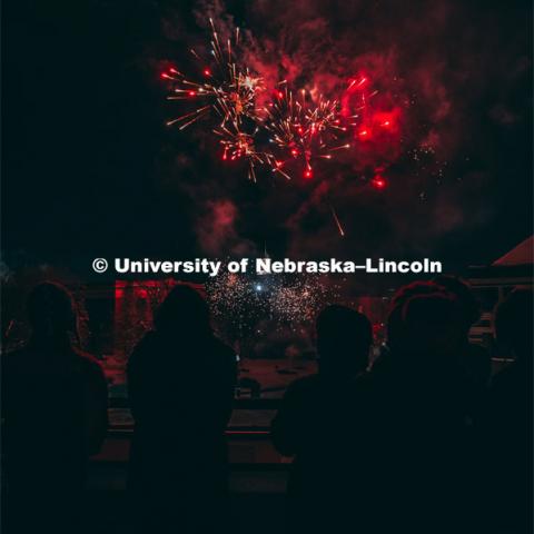 Guests at the Music and Milestones celebration viewed the fireworks display from the Lied Center terrace at the Charter Day Celebration. Music and Milestones was a part of the N150 Charter Week celebration. February 15, 2019. Photo by Justin Mohling / University Communication.