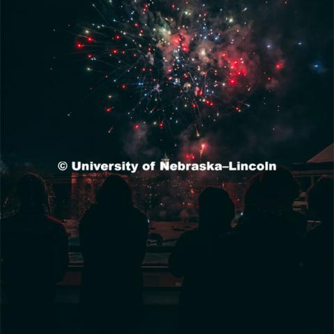 Guests at the Music and Milestones celebration viewed the fireworks display from the Lied Center terrace at the Charter Day Celebration. Music and Milestones was a part of the N150 Charter Week celebration. February 15, 2019. Photo by Justin Mohling / University Communication.