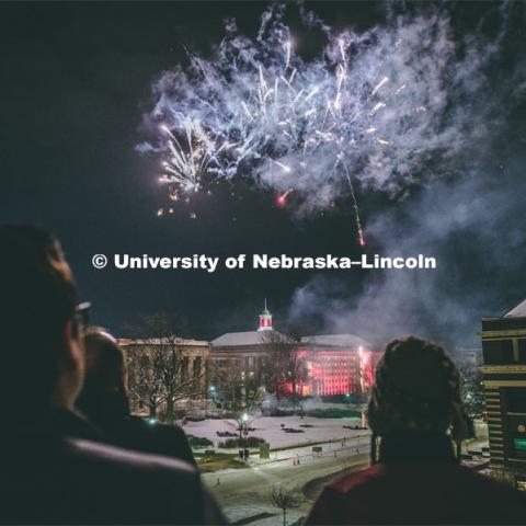 Guests at the Music and Milestones celebration viewed the fireworks display from the Lied Center terrace at the Charter Day Celebration. Music and Milestones was a part of the N150 Charter Week celebration. February 15, 2019. Photo by Justin Mohling / University Communication.