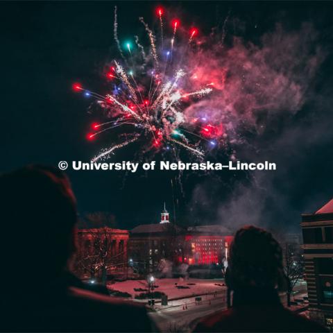 Guests at the Music and Milestones celebration viewed the fireworks display from the Lied Center terrace at the Charter Day Celebration. Music and Milestones was a part of the N150 Charter Week celebration. February 15, 2019. Photo by Justin Mohling / University Communication.