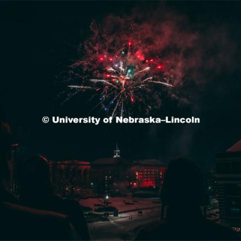 Guests at the Music and Milestones celebration viewed the fireworks display from the Lied Center terrace at the Charter Day Celebration. Music and Milestones was a part of the N150 Charter Week celebration. February 15, 2019. Photo by Justin Mohling / University Communication.