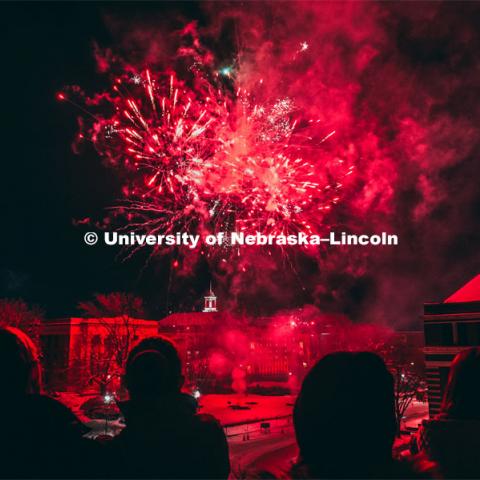 Guests at the Music and Milestones celebration viewed the fireworks display from the Lied Center terrace at the Charter Day Celebration. Music and Milestones was a part of the N150 Charter Week celebration. February 15, 2019. Photo by Justin Mohling / University Communication.