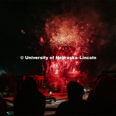 Guests at the Music and Milestones celebration viewed the fireworks display from the Lied Center terrace at the Charter Day Celebration. Music and Milestones was a part of the N150 Charter Week celebration. February 15, 2019. Photo by Justin Mohling / University Communication.