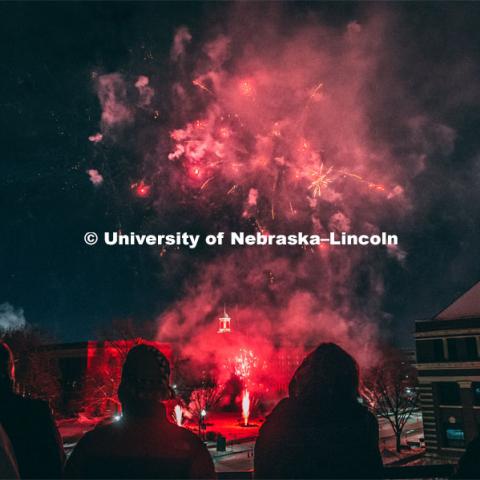 Guests at the Music and Milestones celebration viewed the fireworks display from the Lied Center terrace at the Charter Day Celebration. Music and Milestones was a part of the N150 Charter Week celebration. February 15, 2019. Photo by Justin Mohling / University Communication.