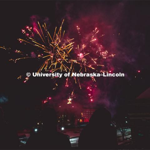 Guests at the Music and Milestones celebration viewed the fireworks display from the Lied Center terrace at the Charter Day Celebration. Music and Milestones was a part of the N150 Charter Week celebration. February 15, 2019. Photo by Justin Mohling / University Communication.