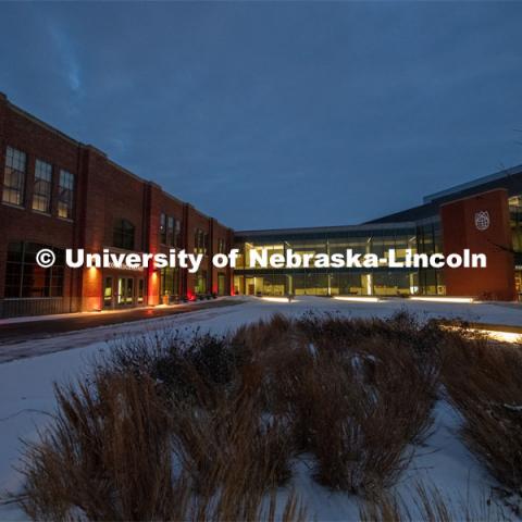 Nebraska Innovation Campus puts its red on as part of Glow Big Red. The University of Nebraska celebrates its 150th Anniversary by lighting up the campus in red. Glow Big Red. February 14, 2019. Photo by Gregory Nathan / University Communication.