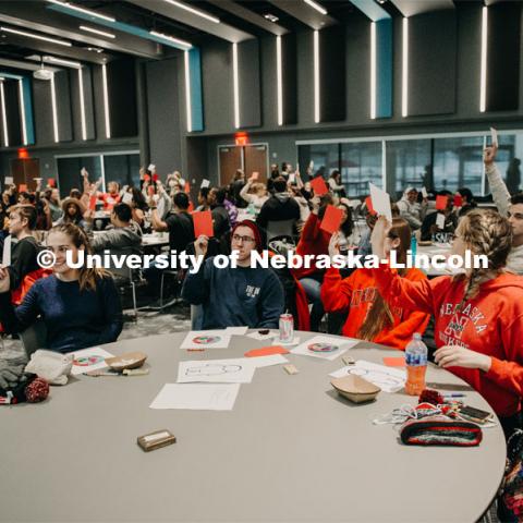 Power of Huskers was held in the Willa Cather Dining Center. The University of Nebraska–Lincoln’s student-led “Hate Will Never Win” initiative is expanding under a new name. Now called "Power of Huskers," the initiative began as a call for unity in February 2018 and grew to a rally attended by more than 1,500. The event featured activities intended to encourage engagement between individuals. Combined, the sessions provide participants with knowledge to spur meaningful conversations. February 27, 2019. Photo by Justin Mohling / University Communication.