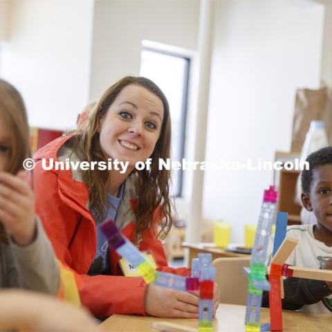 Monica Meyer, senior in Inclusive Child Youth and Family Studies, works with children at the Malone Center. Ruth Staples Child Development Lab student teachers and children work with children at the Malone Center. February 28, 2019. Photo by Craig Chandler / University Communication.