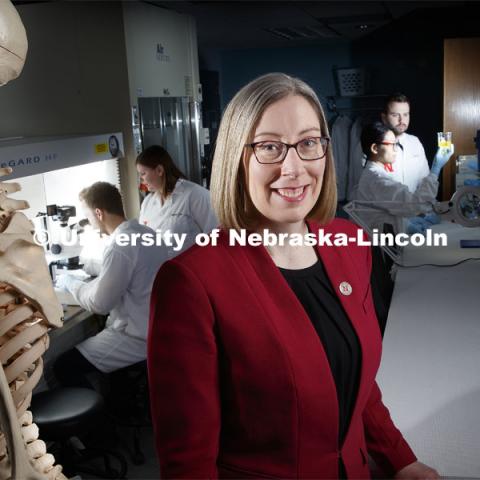Rebecca Wachs, assistant professor of biological systems engineering, earned a National Science Foundation CAREER award to support her development of a non-opioid treatment of back pain. March 1, 2019.  Photo by Craig Chandler / University Communication.
