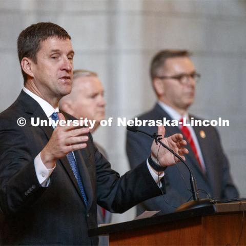 President Hank Bounds addresses the group who assembled as part of NU Advocacy Day at the Nebraska Legislature. March 27, 2019. Photo by Craig Chandler / University Communication.