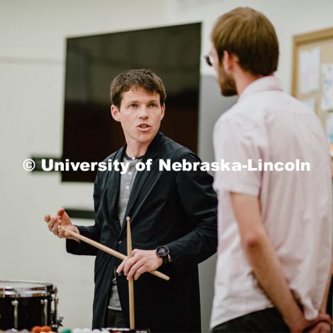 Jake Nissly, Principal Percussionist of the San Francisco Symphony Teaching a masterclass as student Connor Viets stands near by. San Francisco Symphony Master Class. March 28, 2019. Photo by Justin Mohling / University Communication.