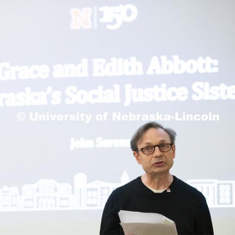 John Sorensen, Grace Abbott scholar, author and friend of the University, presents “Grace and Edith Abbott: Nebraska’s Social Justice Sisters” in the March Nebraska Lectures. March 28, 2019. Photo by Craig Chandler / University Communication.