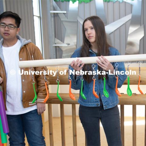 Theme Park Design Group Pin Hao Cheng, Garrett Brockman, John Strope, Brennan Sanders, Kylee Hauxwell, Awang Hashim and Zoe Jirovsky, delivered the enrichment toys for Lincoln Children’s Zoo’s three giraffes. April 2, 2019. Photo by Gregory Nathan / University Communication.