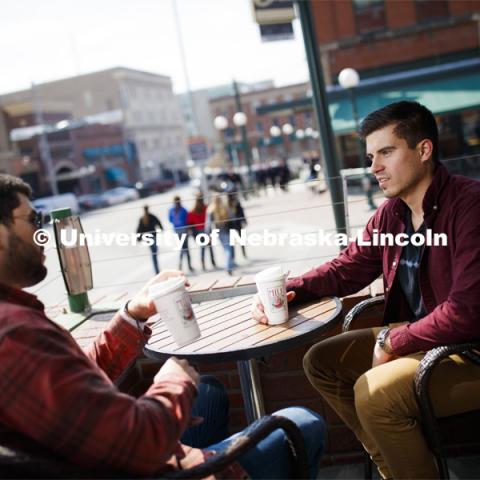 Law students hanging out in The Mill coffee house. College of Law photo shoot in Haymarket. April 4, 2019. Photo by Craig Chandler / University Communication.