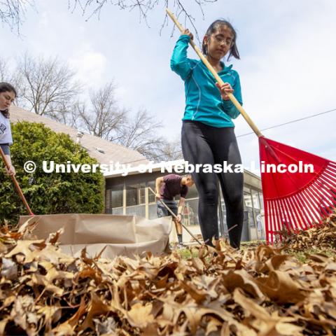 Selene Ramirez, right, and Leslie Estrada rake up a backyard in south Lincoln. She and others in the Minority Pre-Health Association painted a shed and cleaned up a yard at their job site. More than 2,500 University of Nebraska–Lincoln students, faculty and staff volunteered for the Big Event on April 6, completing service projects across the community. Now in its 13th year at Nebraska, the Big Event has grown to be the university's single largest student-run community service project. April 6, 2019. Photo by Craig Chandler / University Communication.