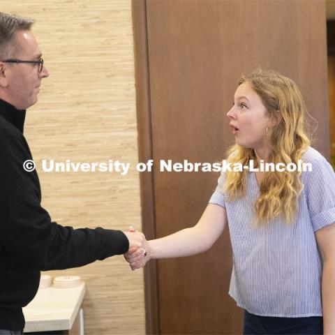 Emily Johnson, a junior at the University of Nebraska, reacts with surprise as Chancellor Ronnie Green tells her she has just been selected as a 2019 Truman Scholar. The Harry S. Truman Scholarship Foundation was created by Congress in 1975 to be the nation’s living memorial to President Harry S. Truman. The Foundation has a mission to select and support the next generation of public service leaders. The Truman award has become one of the most prestigious national scholarships in the United States. April 8, 2019. Photo by Craig Chandler / University Communication.