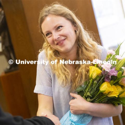 Emily Johnson, a junior at the University of Nebraska, reacts as Chancellor Ronnie Green tells her she has just been selected as a 2019 Truman Scholar. The Harry S. Truman Scholarship Foundation was created by Congress in 1975 to be the nation’s living memorial to President Harry S. Truman. The Foundation has a mission to select and support the next generation of public service leaders. The Truman award has become one of the most prestigious national scholarships in the United States. April 8, 2019. Photo by Craig Chandler / University Communication.