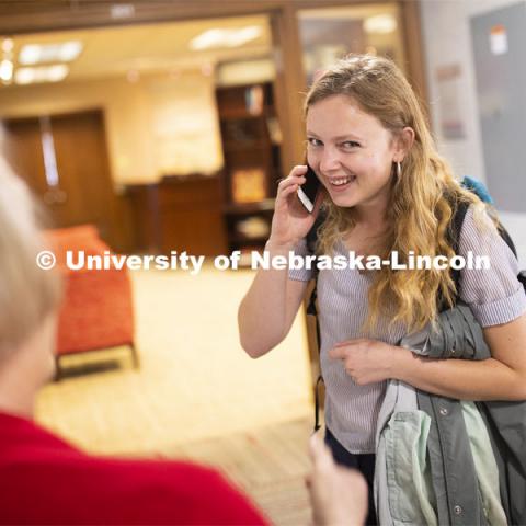 Emily Johnson, a junior at the University of Nebraska, talks with her mom over the phone following the announcement. The Harry S. Truman Scholarship Foundation was created by Congress in 1975 to be the nation’s living memorial to President Harry S. Truman. The Foundation has a mission to select and support the next generation of public service leaders. The Truman award has become one of the most prestigious national scholarships in the United States. April 8, 2019. Photo by Craig Chandler / University Communication.